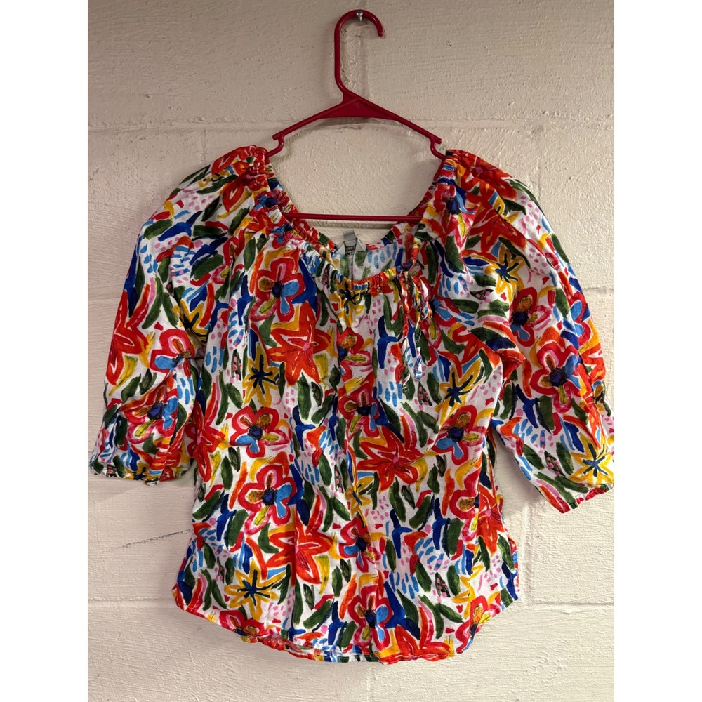 Aster & Orchard Linen Blend‎ Floral Puff Sleeve Blouse Top Multi Color Large